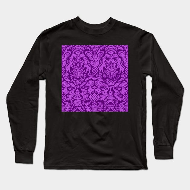 Pink on Purple Weird Medieval Lions, Cherubs, and Skulls Scrollwork Damask Long Sleeve T-Shirt by JamieWetzel